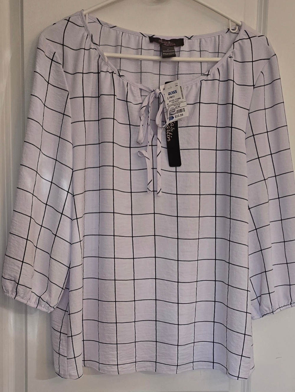Olivia & Martin Blouse- Size Large- White w/ Black Grid Pattern- 3/4 Sleeve